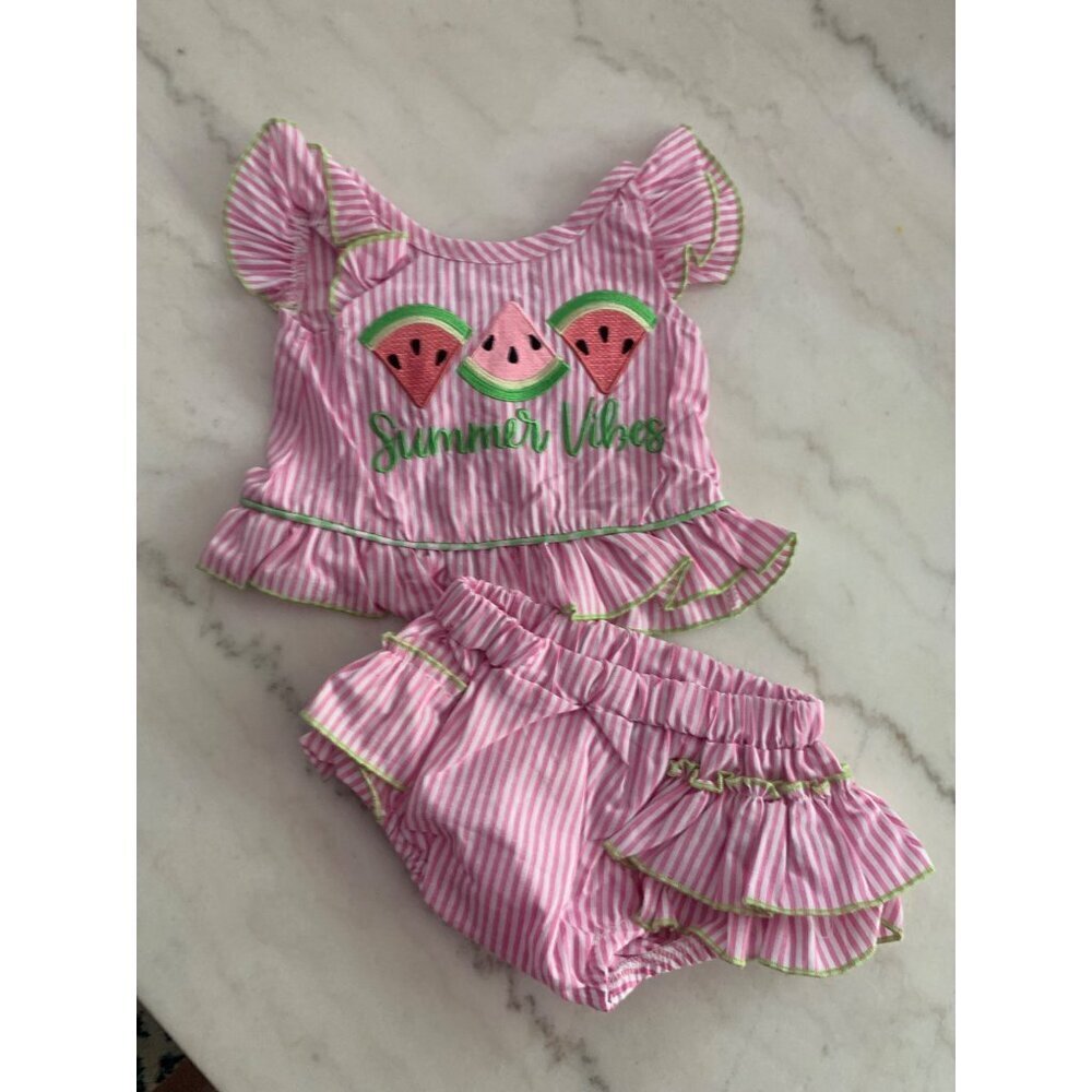 Girls 2-Piece Summer Outfit 0-3M Pink/White Striped Top & Ruffled Shorts With Wa
